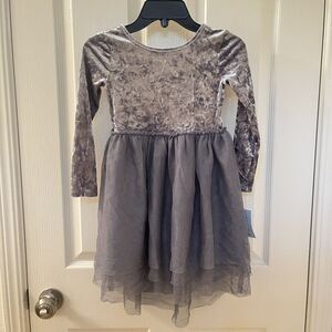 Cat & Jack Crushed Velvet Tulle Dress Silver Gray Girls Size XS 4/5 NWT